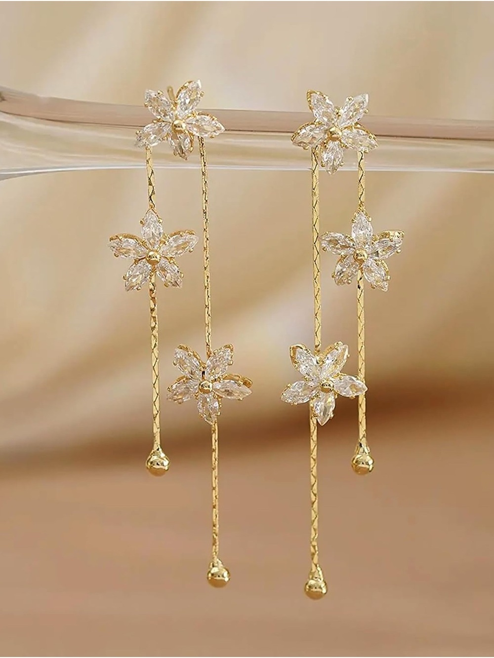 14K Gold Plated Floral Drop Earrings with CZ Crystal Petals